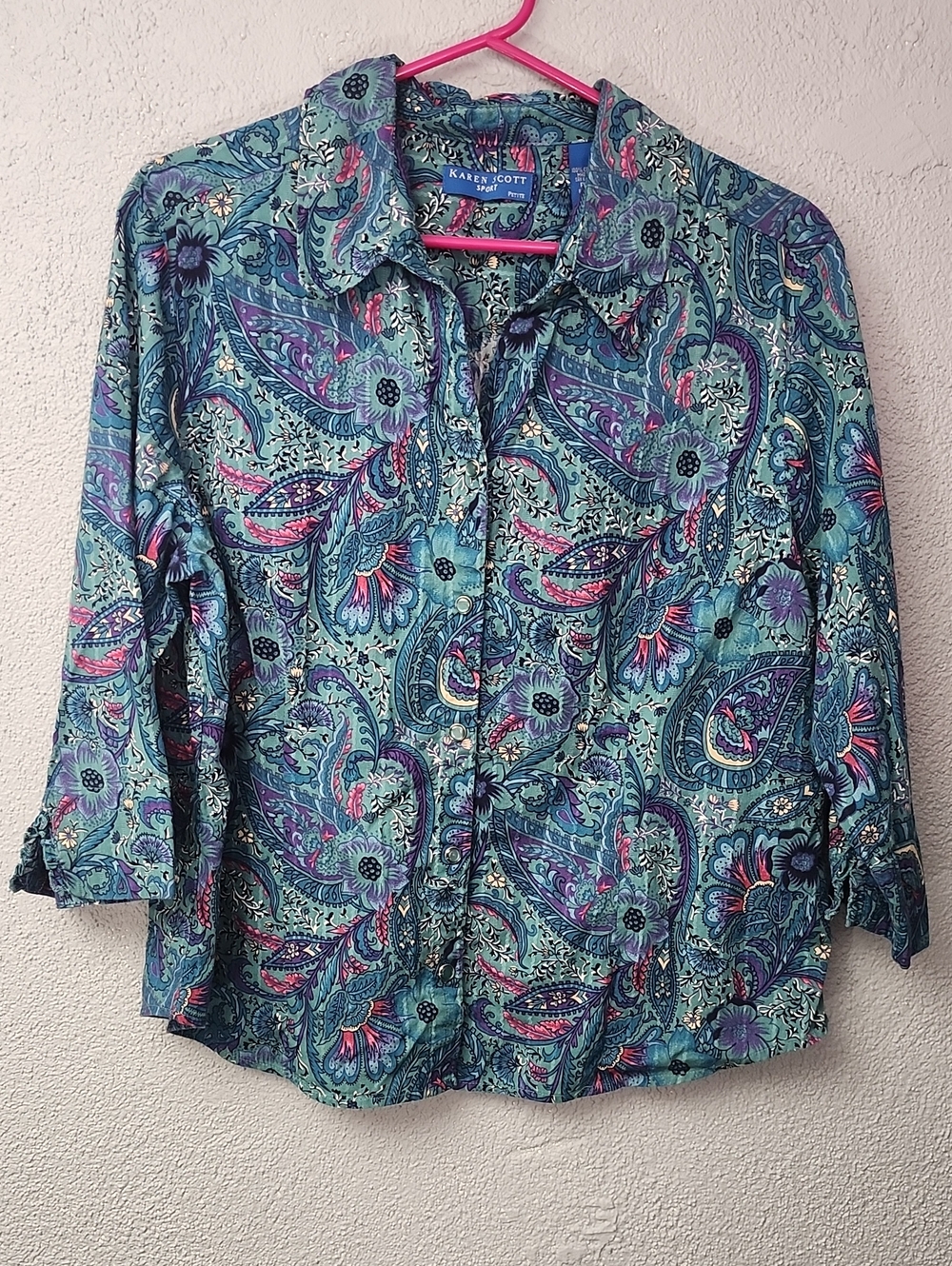 Karen Scott Teal and Purple Paisley Button-Down Shirt